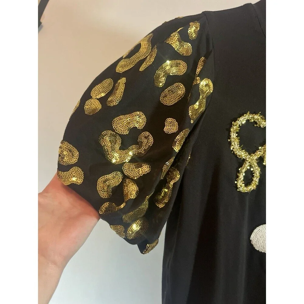 Sash Clothing Bar Saints Sequin Fleur De Lis Top XS Black Gold Puff Sleeve